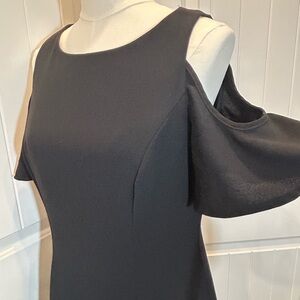 WHBM Black Cold Shoulder Dress Midi Fluttery Sleeves Fit & Flare Cocktail Dinner